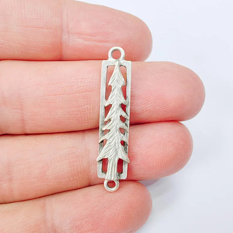 2 Pine Tree Connector Charm, Forest Nature Design, Antique Silver Plated, Rectangle Shape, 36x7mm, G37885