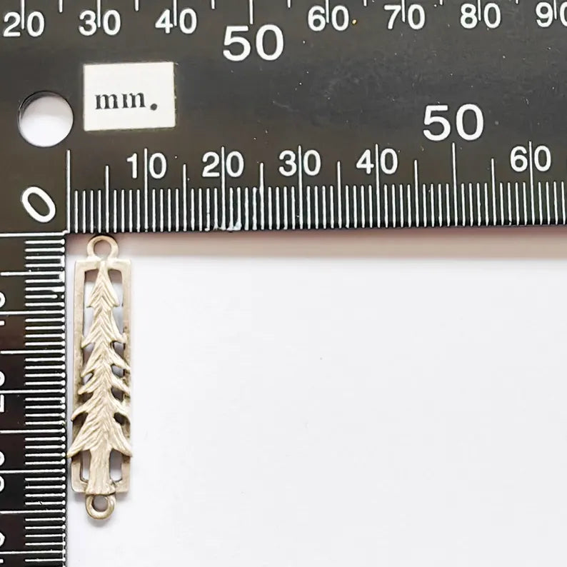 2 Pine Tree Connector Charm, Forest Nature Design, Antique Silver Plated, Rectangle Shape, 36x7mm, G37885