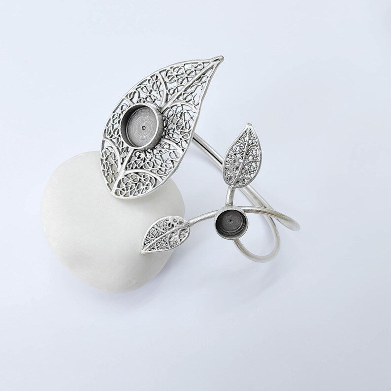 Adjustable Bracelet Blank, Leaf Design Bezel Cuff, 8mm 12mm Settings, Nature Inspired Bracelet, G37918