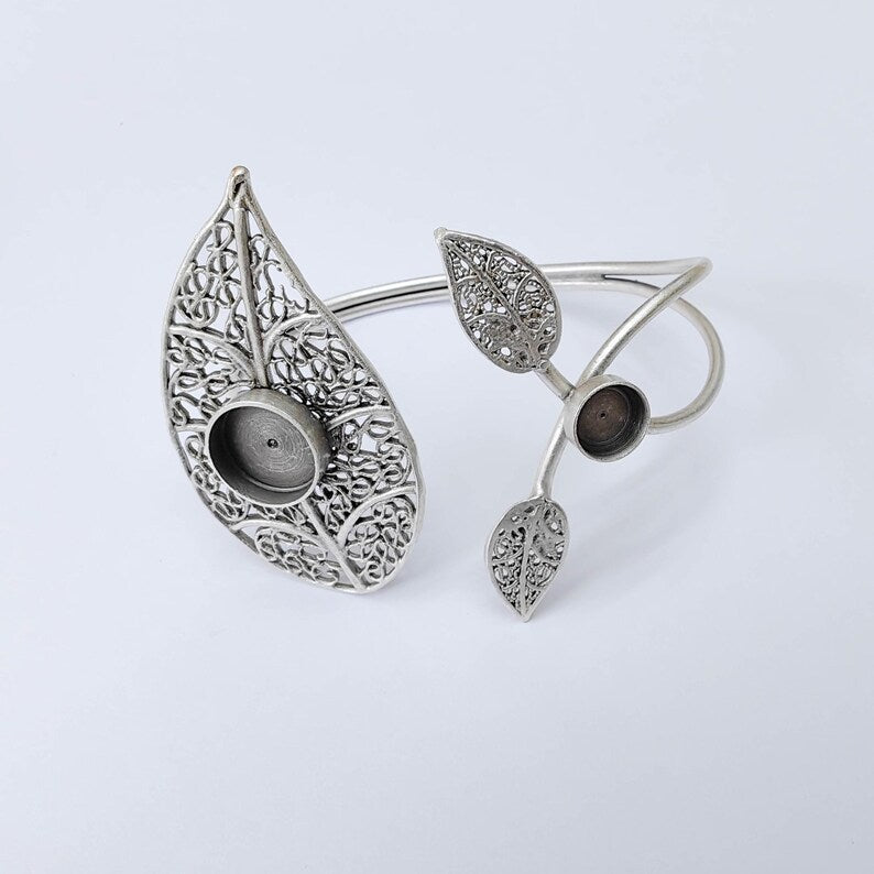 Adjustable Bracelet Blank, Leaf Design Bezel Cuff, 8mm 12mm Settings, Nature Inspired Bracelet, G37918