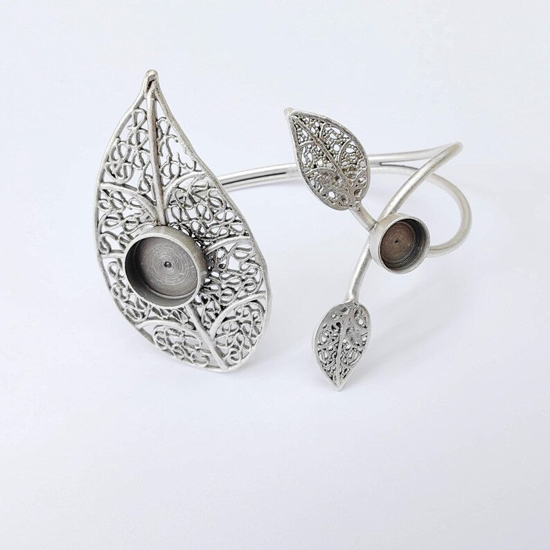 Adjustable Bracelet Blank, Leaf Design Bezel Cuff, 8mm 12mm Settings, Nature Inspired Bracelet, G37918