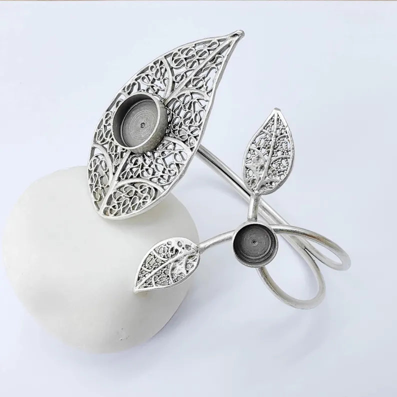 Adjustable Bracelet Blank, Leaf Design Bezel Cuff, 8mm 12mm Settings, Nature Inspired Bracelet, G37918
