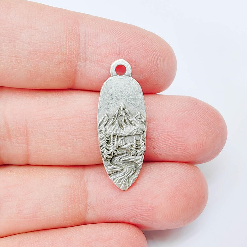 Mountain Landscape Charm Pendant, Double Sided Nature Design, Antique Silver Plated, 30x12mm, G37920