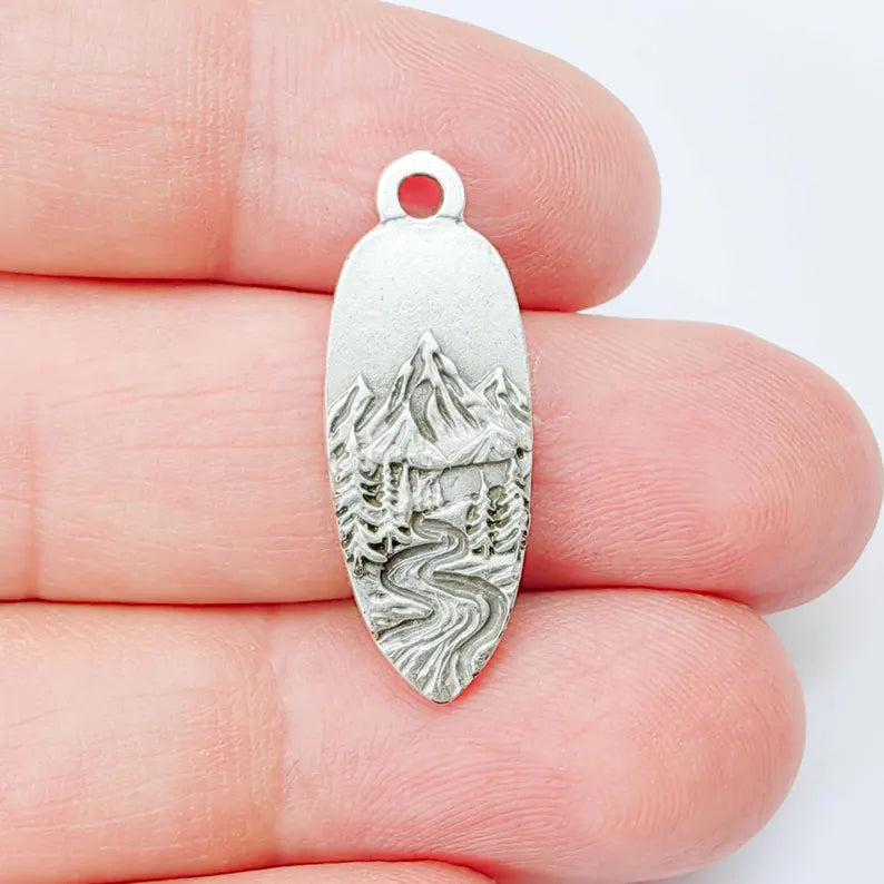 Mountain Landscape Charm Pendant, Double Sided Nature Design, Antique Silver Plated, 30x12mm, G37920
