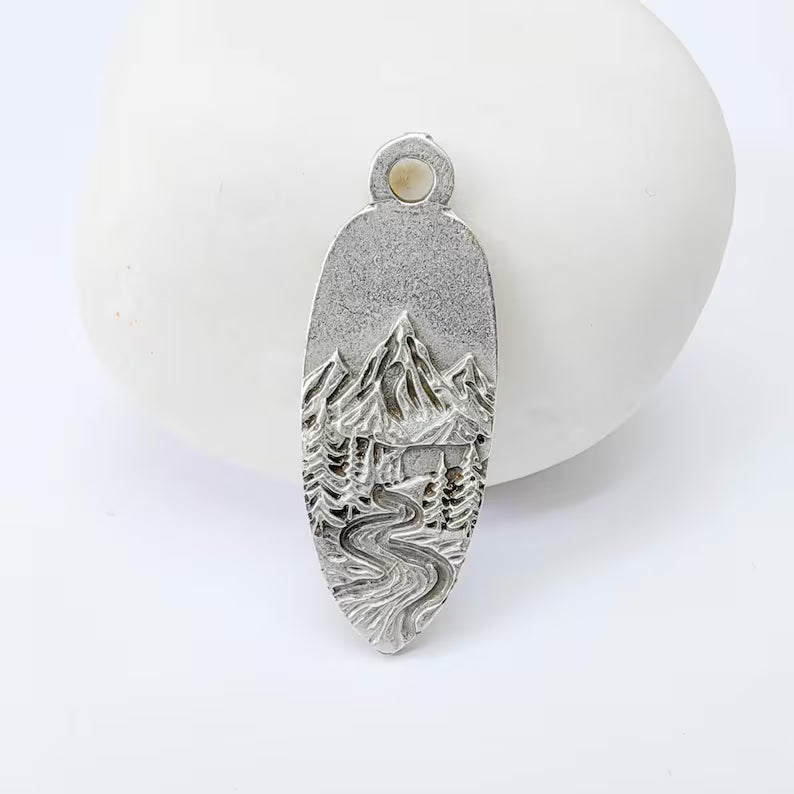 Mountain Landscape Charm Pendant, Double Sided Nature Design, Antique Silver Plated, 30x12mm, G37920