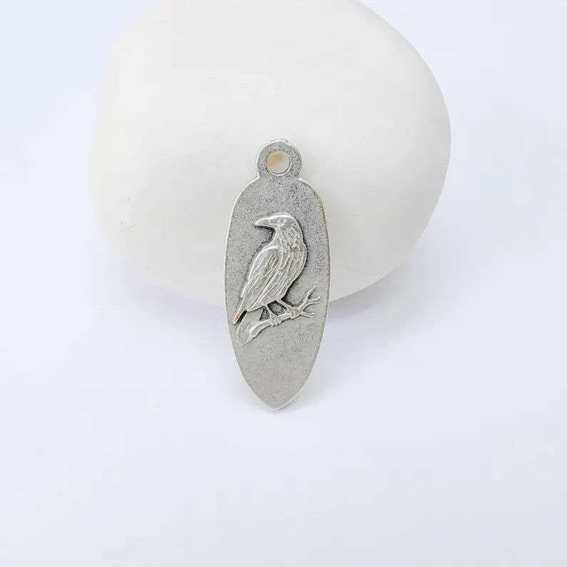 Raven Bird Charm Pendant, Double Sided Animal Design, Antique Silver Plated, 30x12mm, G37922