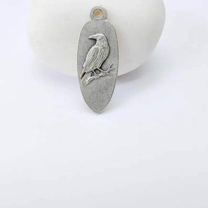 Raven Bird Charm Pendant, Double Sided Animal Design, Antique Silver Plated, 30x12mm, G37922