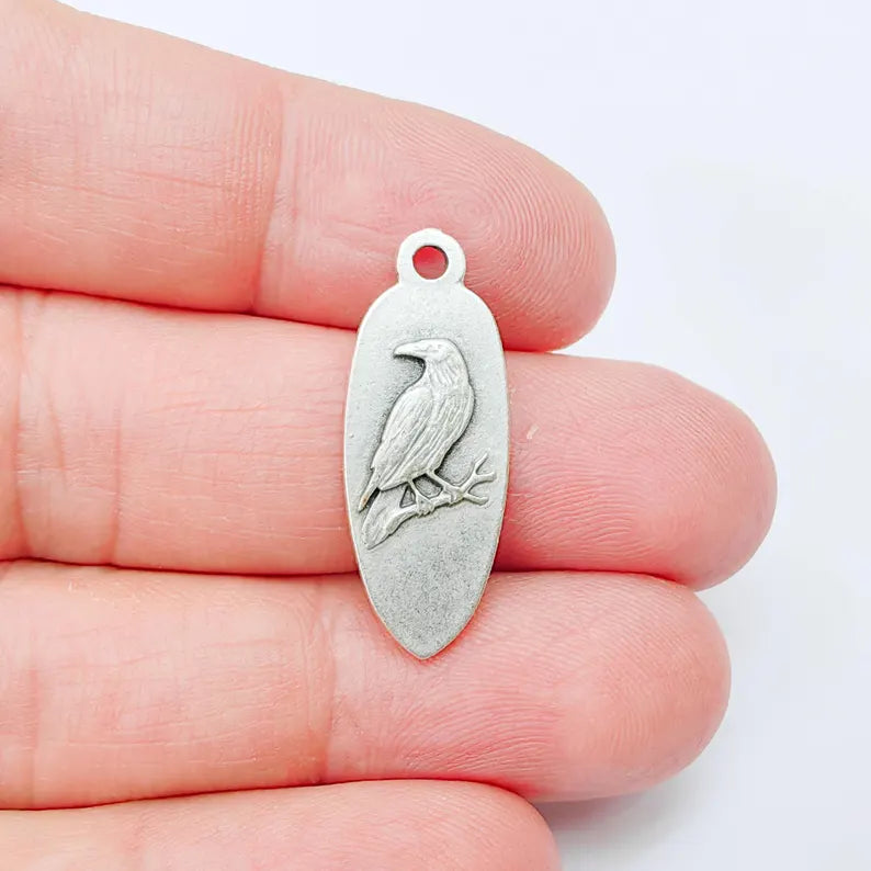 Raven Bird Charm Pendant, Double Sided Animal Design, Antique Silver Plated, 30x12mm, G37922