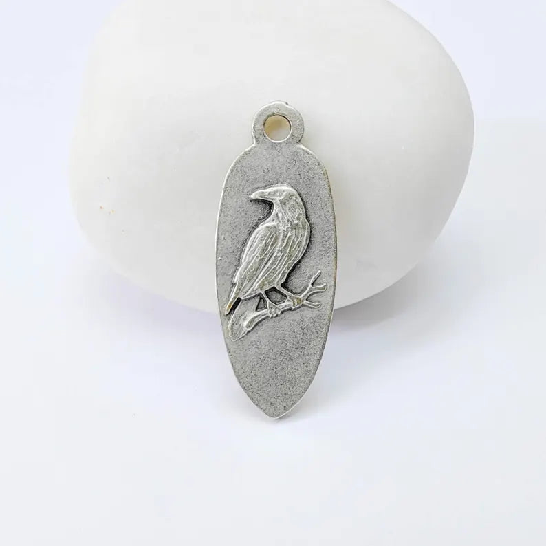 Raven Bird Charm Pendant, Double Sided Animal Design, Antique Silver Plated, 30x12mm, G37922