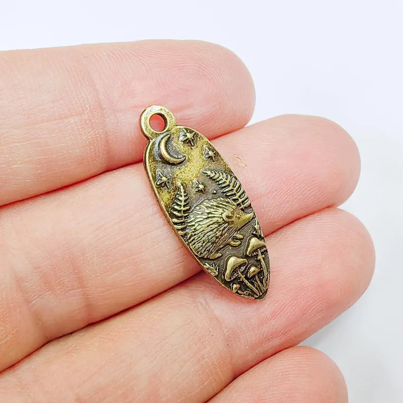 Hedgehog Charm Pendant, Double Sided Woodland Nature Design, Oval Shape, 30x12mm, Antique Bronze G37889