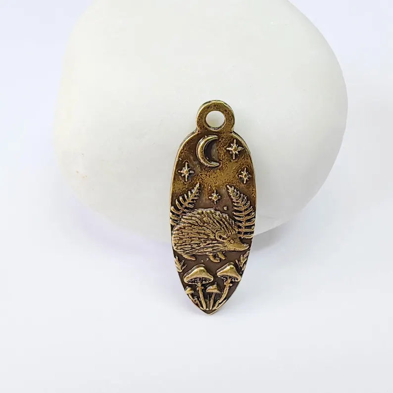 Hedgehog Charm Pendant, Double Sided Woodland Nature Design, Oval Shape, 30x12mm, Antique Bronze G37889