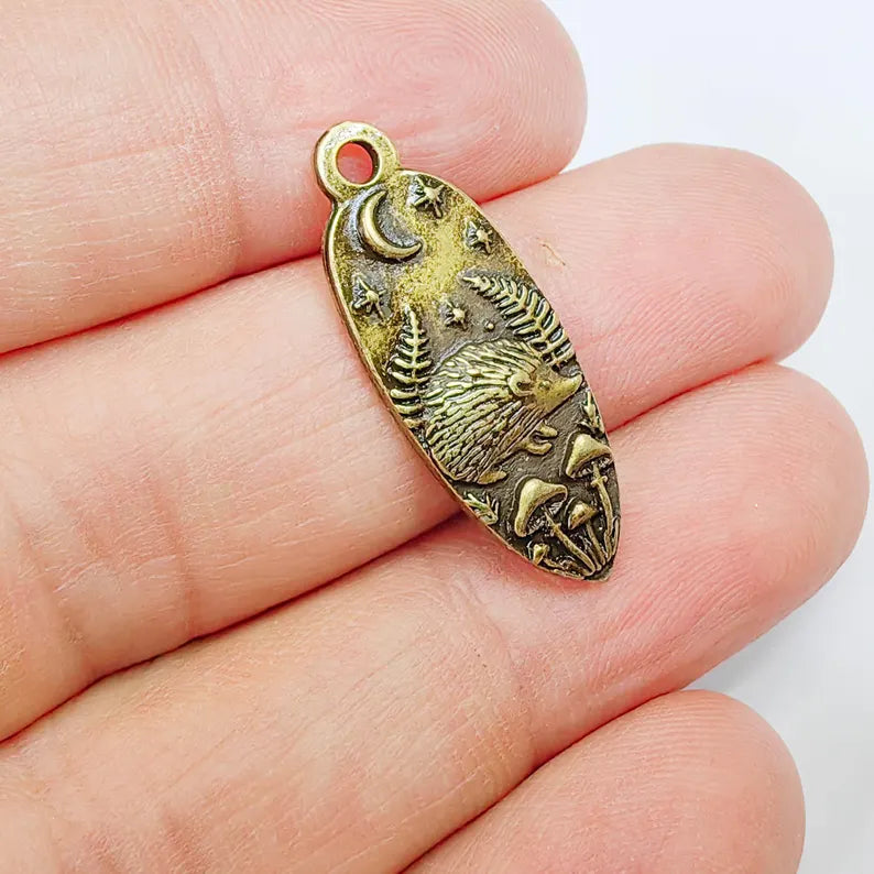 Hedgehog Charm Pendant, Double Sided Woodland Nature Design, Oval Shape, 30x12mm, Antique Bronze G37889