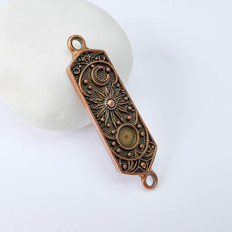 Celestial Star Connector, Moon and Sun Pendant, Cosmic Charm, Antique Copper Plated 49x14mm G37890