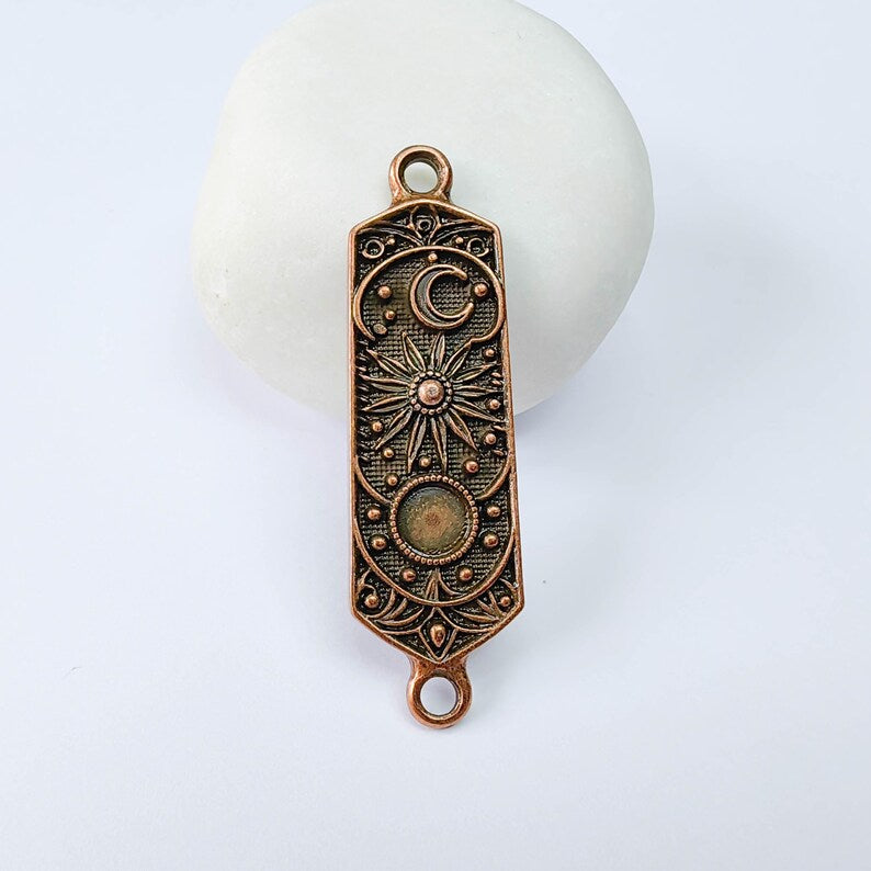 Celestial Star Connector, Moon and Sun Pendant, Cosmic Charm, Antique Copper Plated 49x14mm G37890