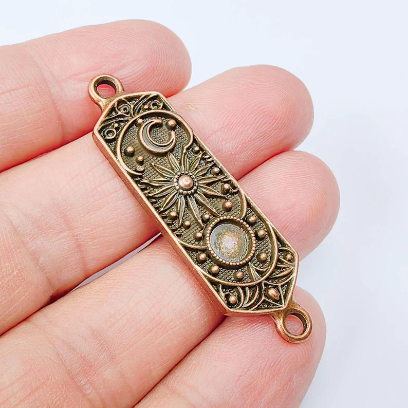 Celestial Star Connector, Moon and Sun Pendant, Cosmic Charm, Antique Copper Plated 49x14mm G37890