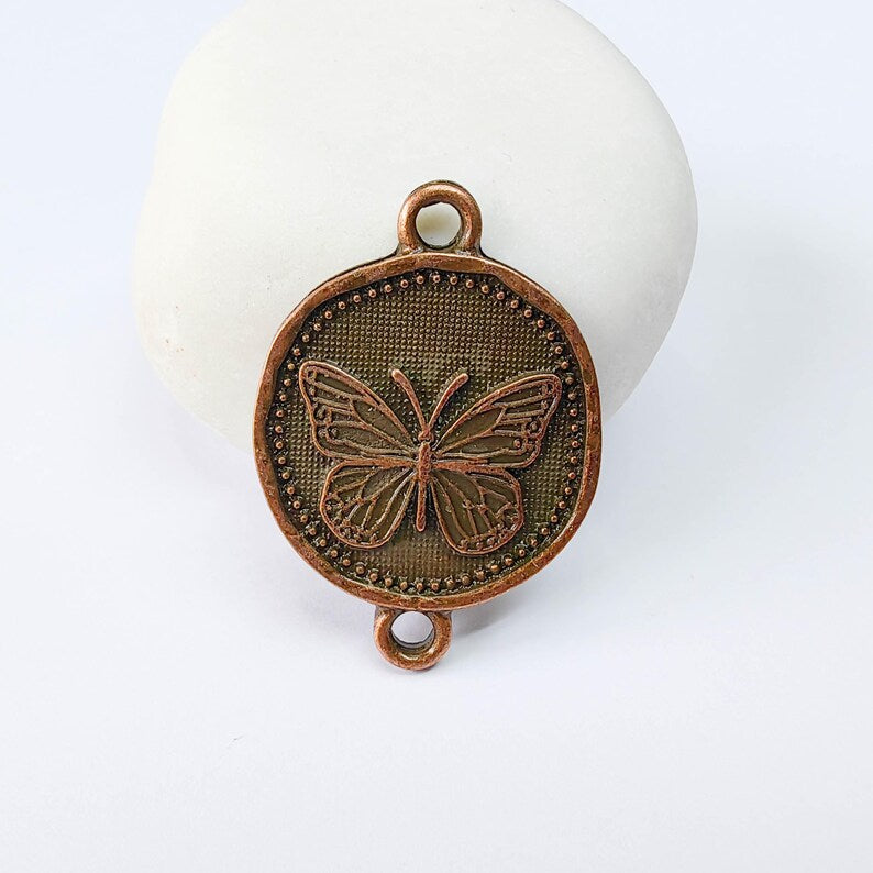 Butterfly Charm Connector, Round Insect Motif Design, Antique Copper Plated, Double Loop, 34x24mm, G37891
