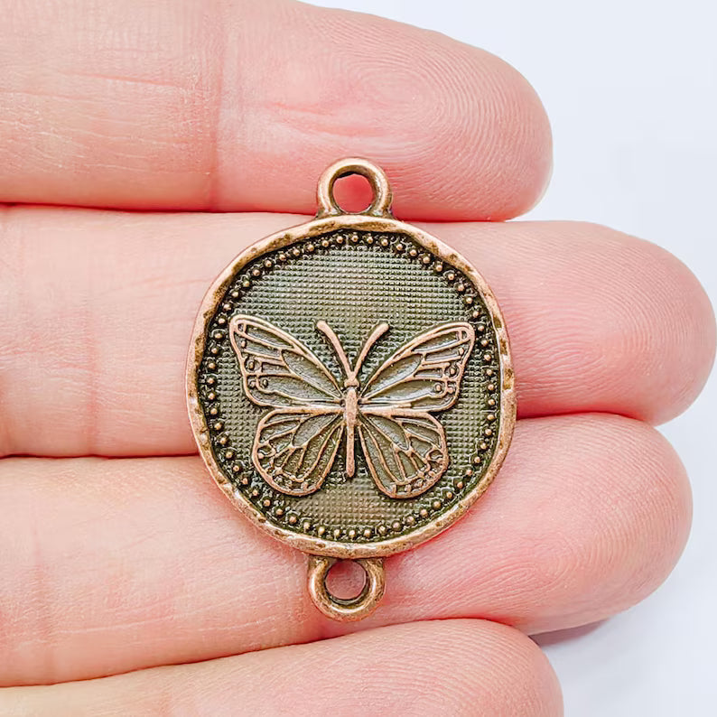 Butterfly Charm Connector, Round Insect Motif Design, Antique Copper Plated, Double Loop, 34x24mm, G37891