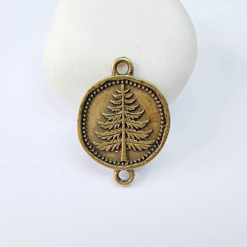 Pine Tree Charm Connector, Botanical Nature Symbol Design, Antique Bronze Plated 34x24mm, G37892