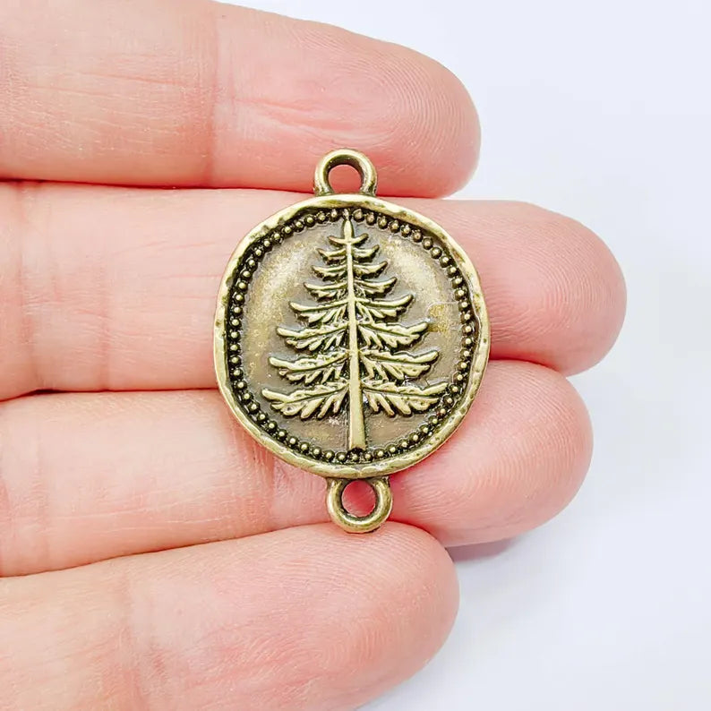 Pine Tree Charm Connector, Botanical Nature Symbol Design, Antique Bronze Plated 34x24mm, G37892
