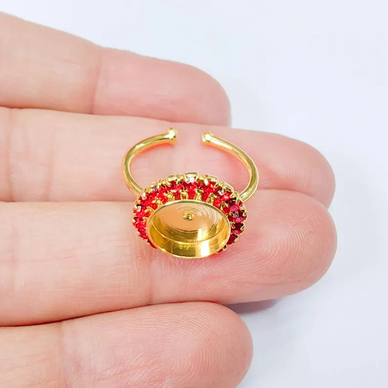 Ring Blank Red Crystals Setting Cabochon Shiny Gold Plated Brass Adjustable Base 10mm G37896