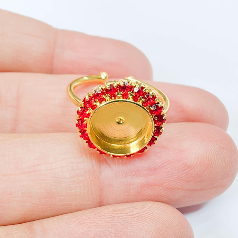Ring Blank Red Crystals Setting Cabochon Shiny Gold Plated Brass Adjustable Base 10mm G37896