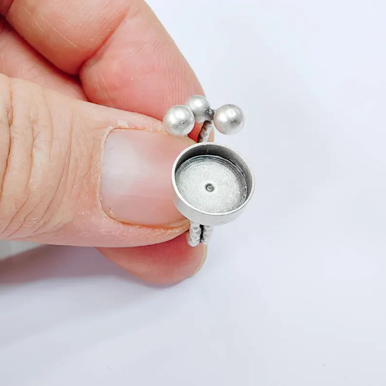 Antique Silver Adjustable Ring Base, 10mm Round Bezel, Textured Band Design, G37887