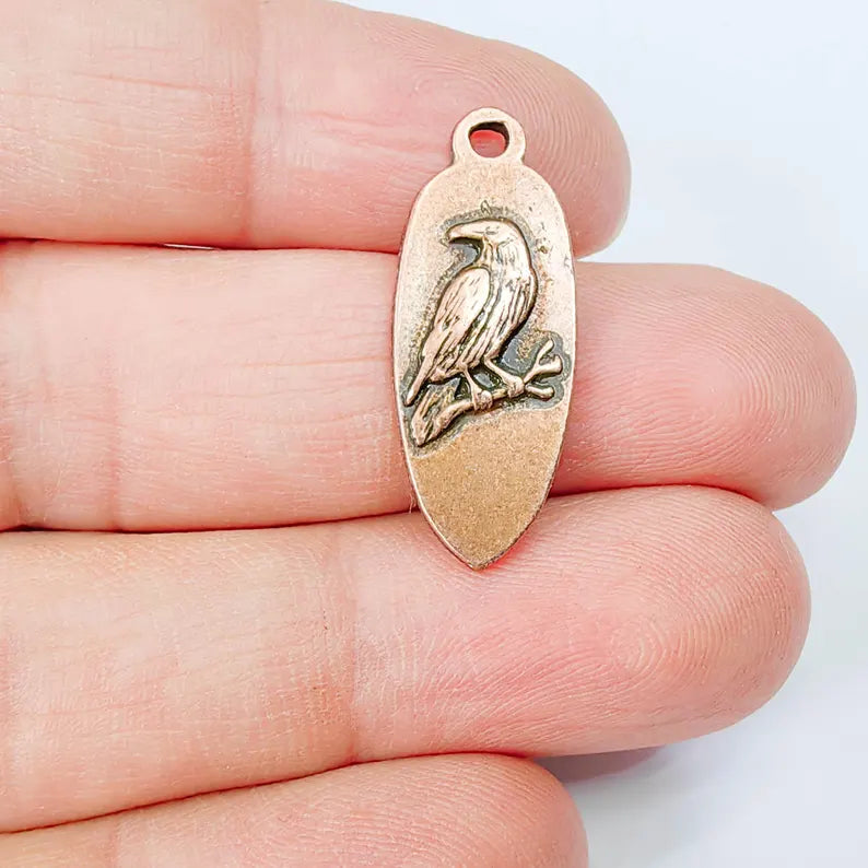 2 Raven Bird Charm Pendant, Double Sided Animal Nature Design, 30x12mm, Antique Copper Plated G37888