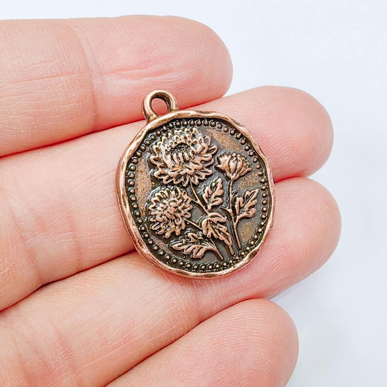 Chrysanthemum Flower Charm Pendant, Double Sided Botanical Floral Design, 28x24mm, Antique Copper Plated G37901