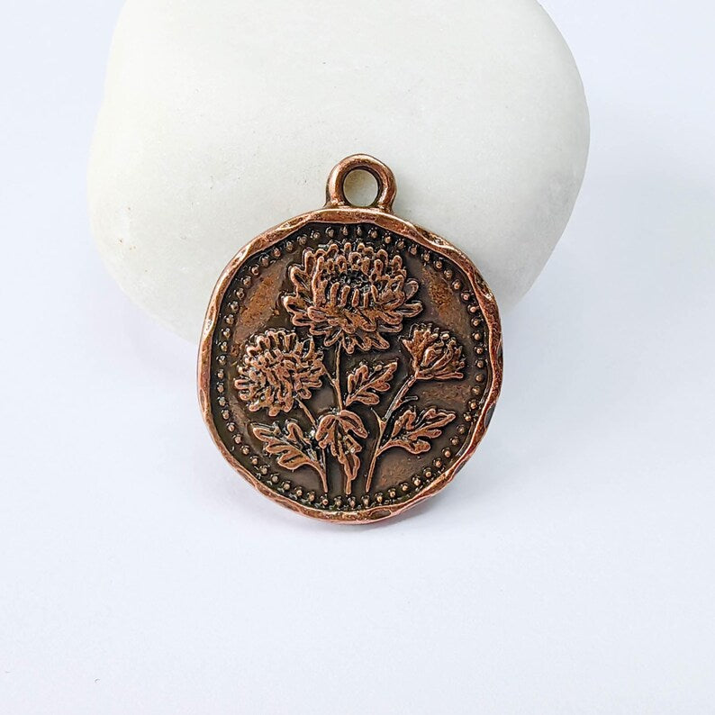 Chrysanthemum Flower Charm Pendant, Double Sided Botanical Floral Design, 28x24mm, Antique Copper Plated G37901
