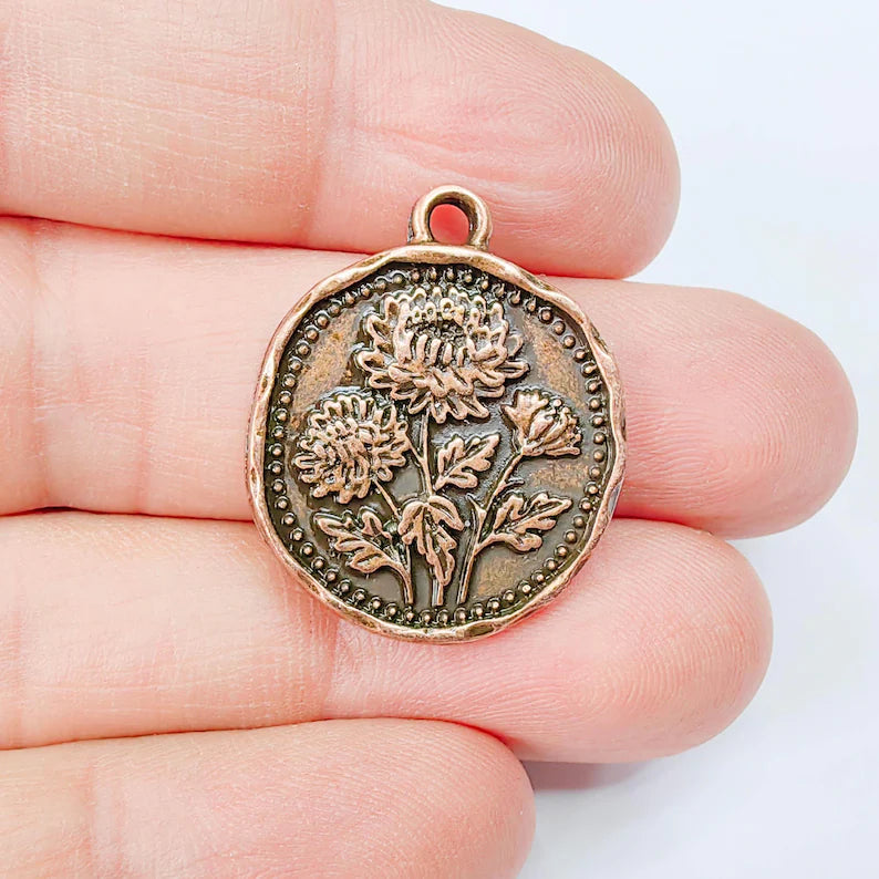 Chrysanthemum Flower Charm Pendant, Double Sided Botanical Floral Design, 28x24mm, Antique Copper Plated G37901