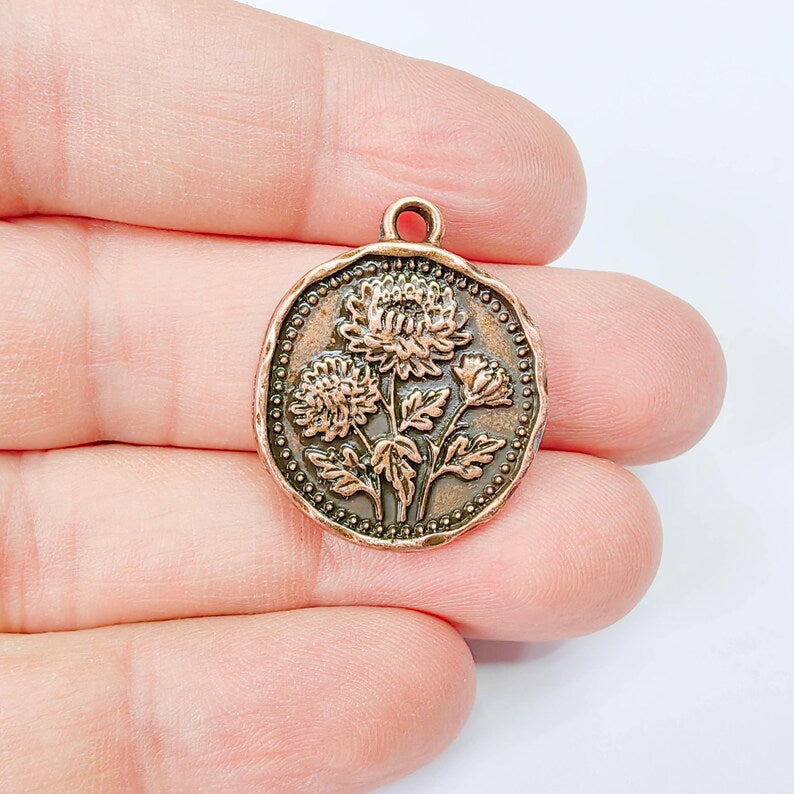 Chrysanthemum Flower Charm Pendant, Double Sided Botanical Floral Design, 28x24mm, Antique Copper Plated G37901