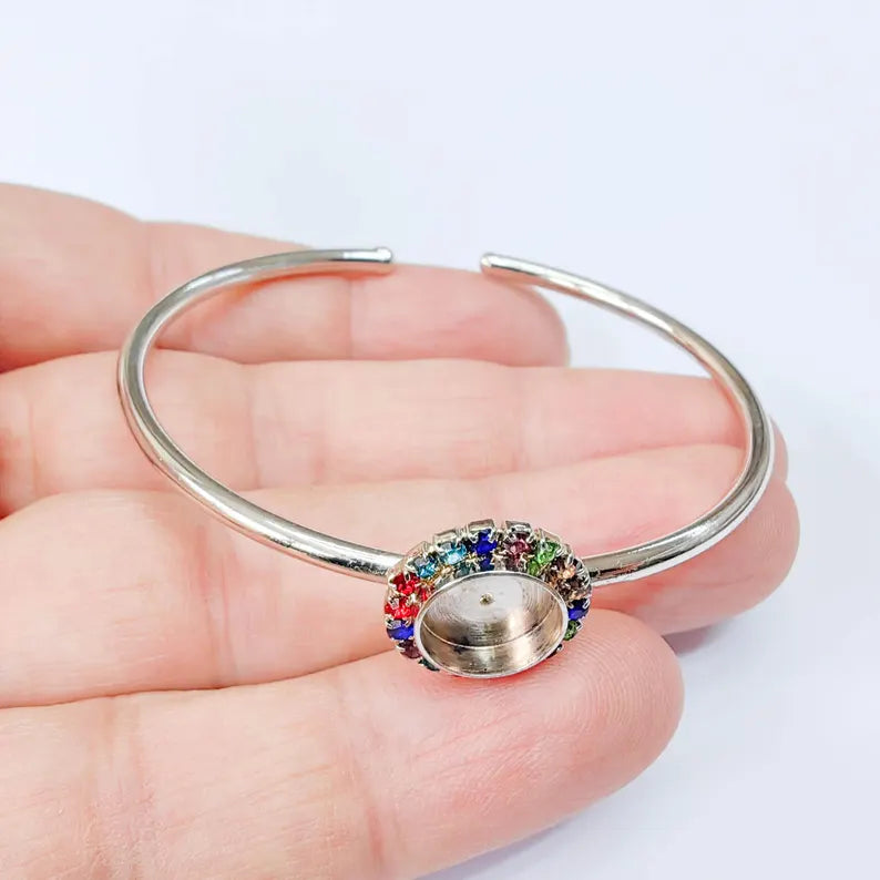 Colorful Crystal Accent Bracelet Bezel, Adjustable Cuff Bangle, 10mm Round Setting, Shiny Silver Brass, G37898