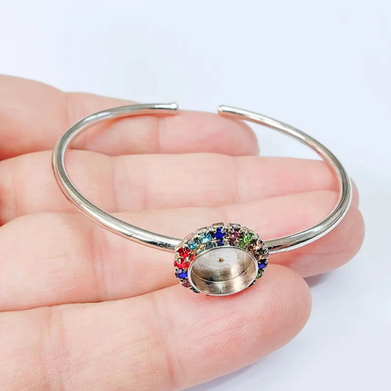 Colorful Crystal Accent Bracelet Bezel, Adjustable Cuff Bangle, 10mm Round Setting, Shiny Silver Brass, G37898