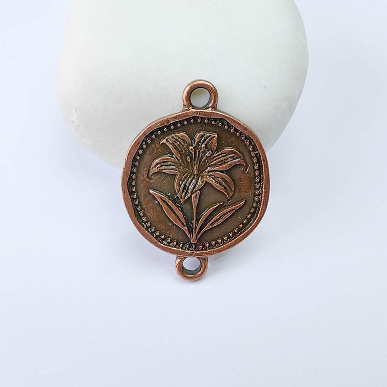 Lily Flower Charm Connector, Round Botanical Floral Design, Antique Copper Plated, 34x24mm, G37900