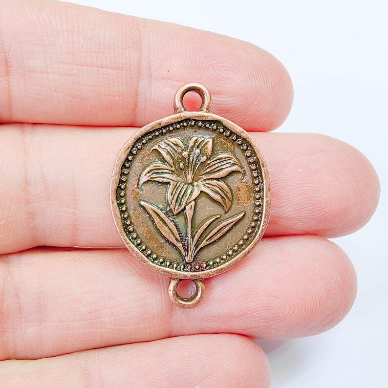 Lily Flower Charm Connector, Round Botanical Floral Design, Antique Copper Plated, 34x24mm, G37900