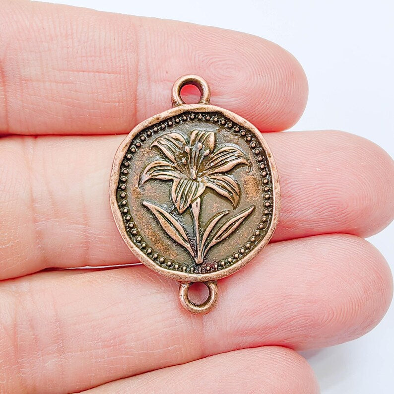 Lily Flower Charm Connector, Round Botanical Floral Design, Antique Copper Plated, 34x24mm, G37900
