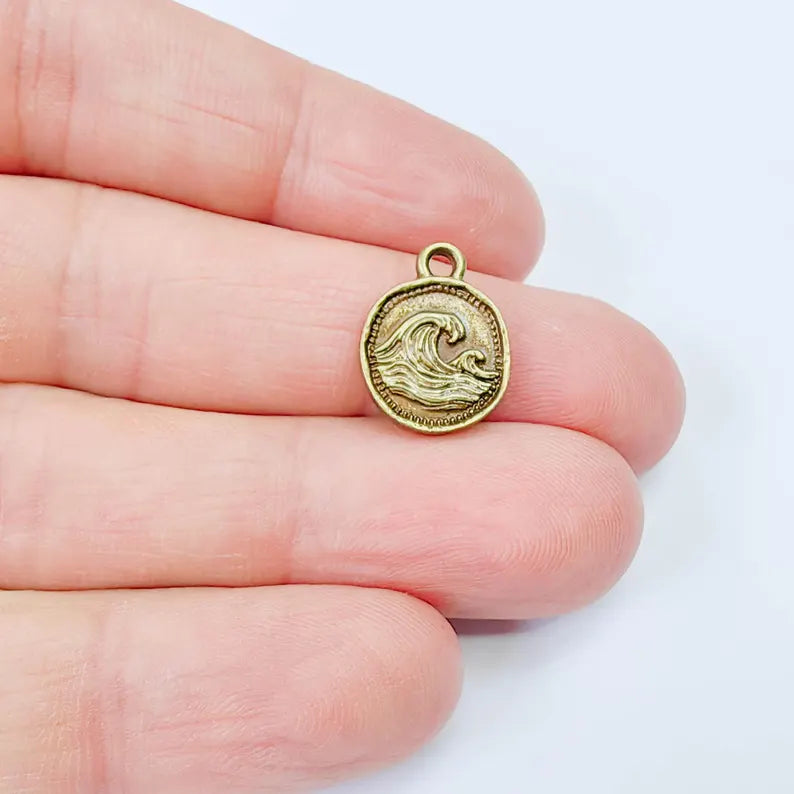 4 Pcs Ocean Wave Charm, Bracelet, Earring Sea Symbol, Boho Beach, Antique Bronze Plated 16x13mm G37902