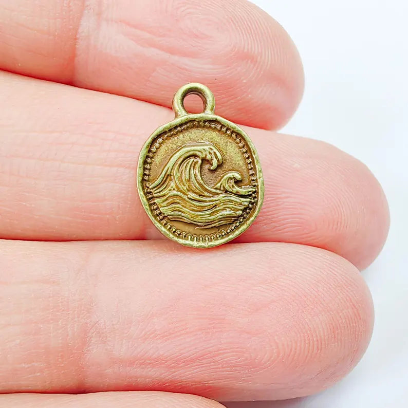 4 Pcs Ocean Wave Charm, Bracelet, Earring Sea Symbol, Boho Beach, Antique Bronze Plated 16x13mm G37902