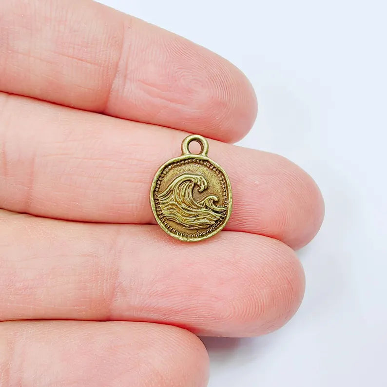 4 Pcs Ocean Wave Charm, Bracelet, Earring Sea Symbol, Boho Beach, Antique Bronze Plated 16x13mm G37902