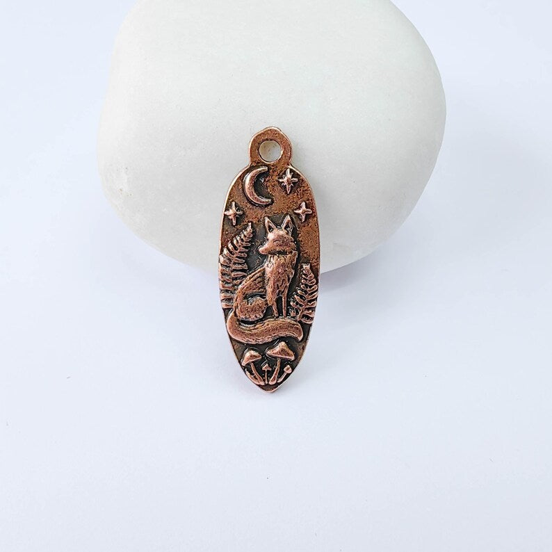 Fox Moon Charm Pendant, Double Sided Woodland Design, Antique Copper Plated, 30x12mm, G37904