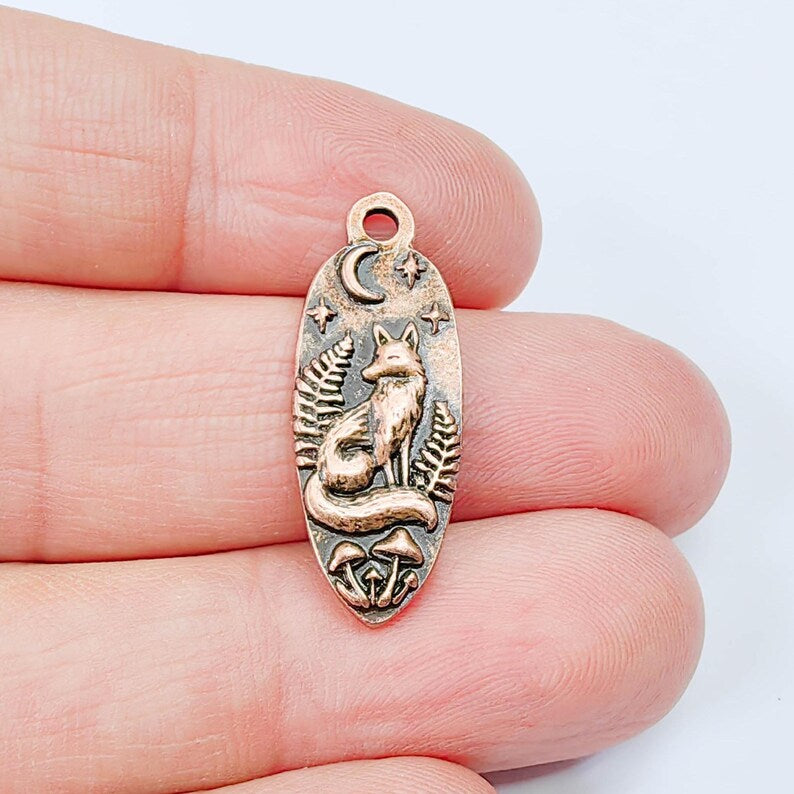 Fox Moon Charm Pendant, Double Sided Woodland Design, Antique Copper Plated, 30x12mm, G37904
