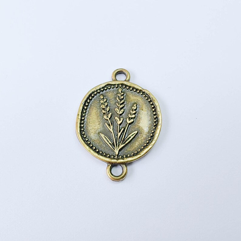 Lavender Flower Connector Charm, Botanical Floral Design, Antique Copper Plated, Oval Shape, 34x24mm, G37905