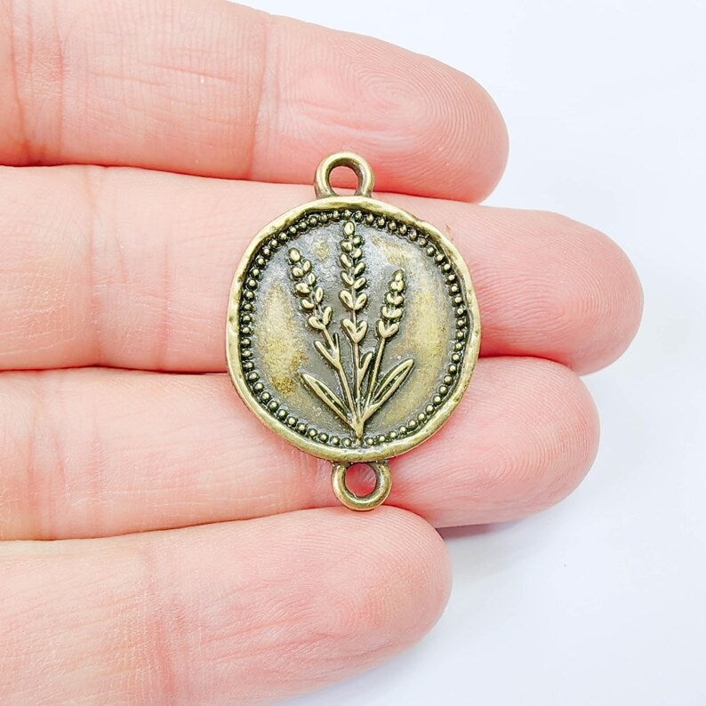 Lavender Flower Connector Charm, Botanical Floral Design, Antique Copper Plated, Oval Shape, 34x24mm, G37905