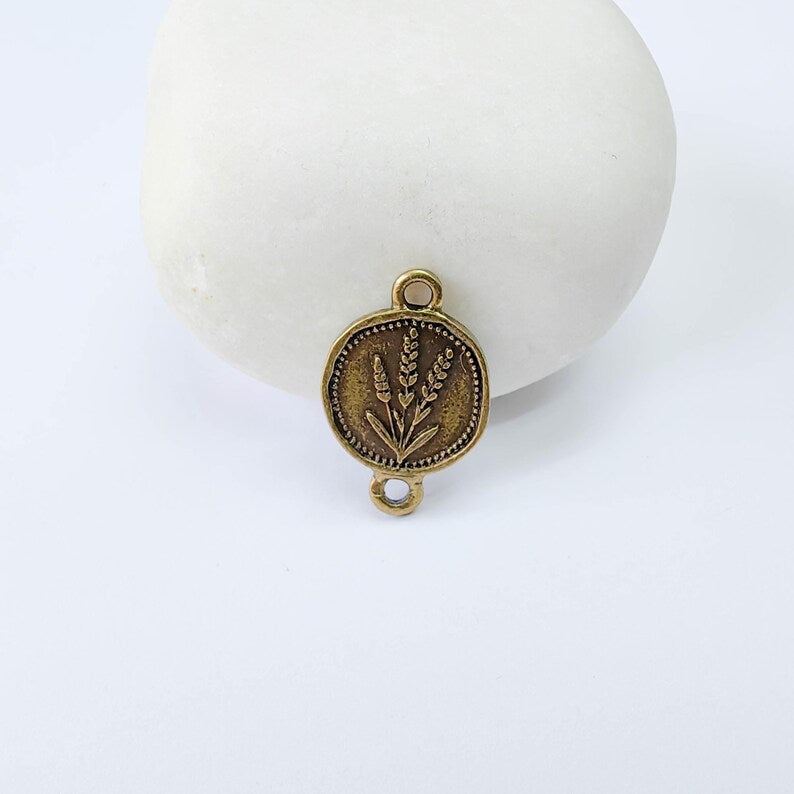 4 Lavender Connector Charm, Round Pendant, Double Sided, Antique Bronze Plated, 20x13mm G37907