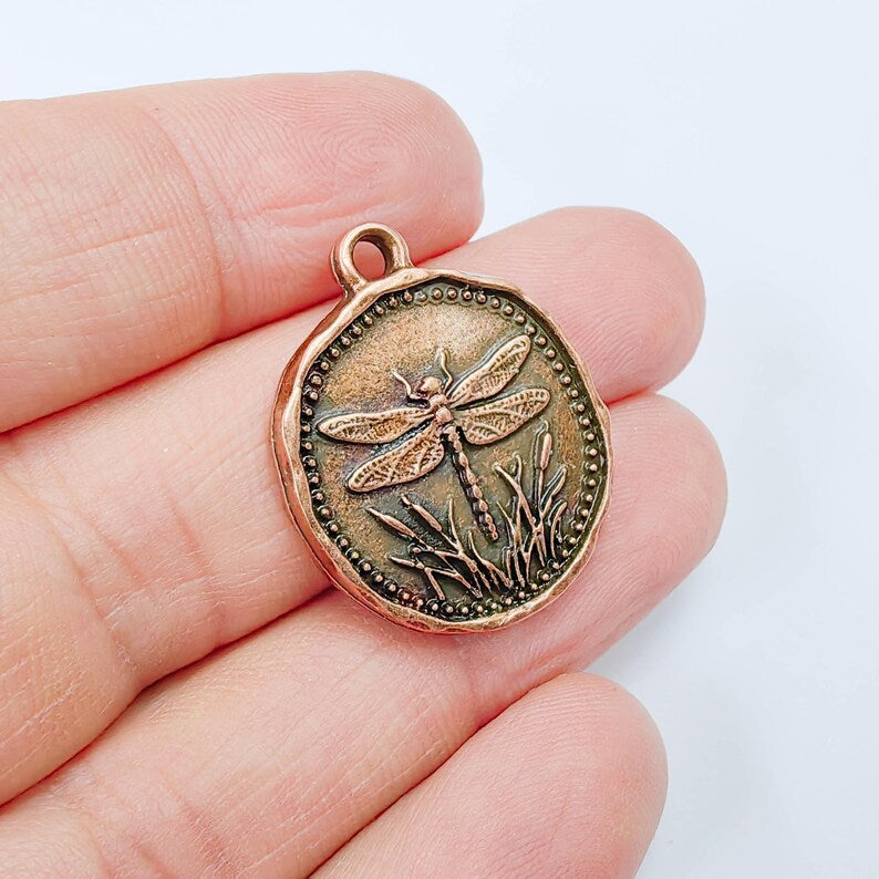 Dragonfly Charm Pendant, Double Sided Nature Design, Botanical Medallion, 28x24mm, Antique Copper Plated G37909