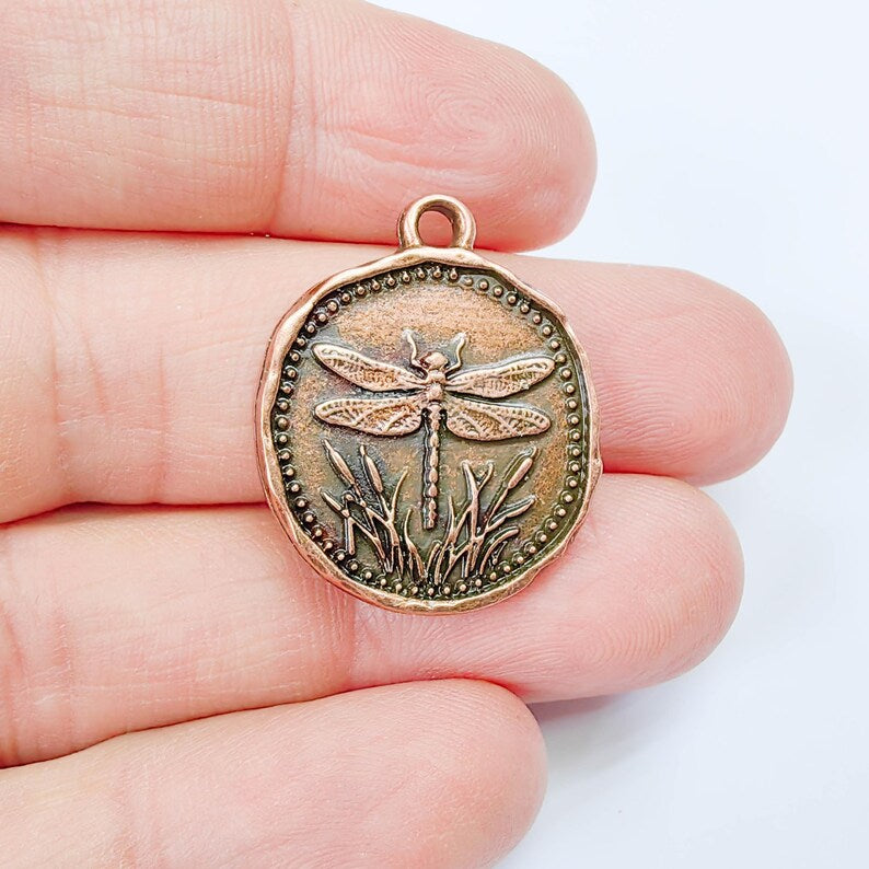 Dragonfly Charm Pendant, Double Sided Nature Design, Botanical Medallion, 28x24mm, Antique Copper Plated G37909