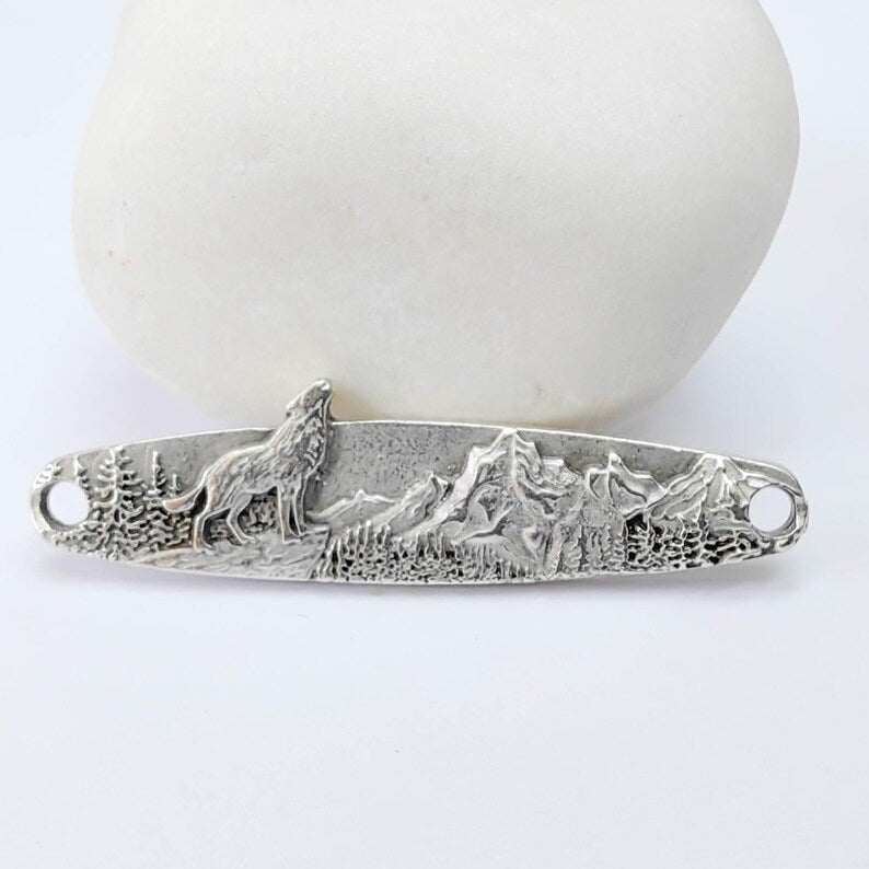 Wolf Mountain Connector Charm, Forest Landscape Design, Antique Silver Plated, Bar Shape, 43x11mm, G37927