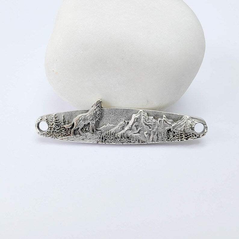 Wolf Mountain Connector Charm, Forest Landscape Design, Antique Silver Plated, Bar Shape, 43x11mm, G37927