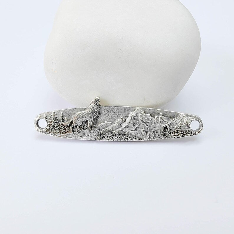 Wolf Mountain Connector Charm, Forest Landscape Design, Antique Silver Plated, Bar Shape, 43x11mm, G37927