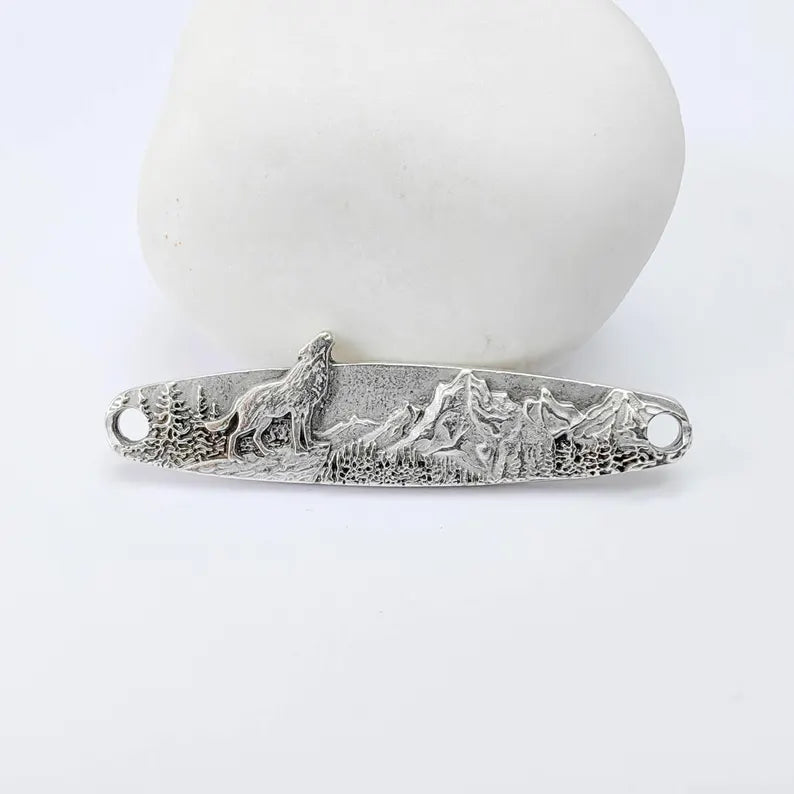 Wolf Mountain Connector Charm, Forest Landscape Design, Antique Silver Plated, Bar Shape, 43x11mm, G37927